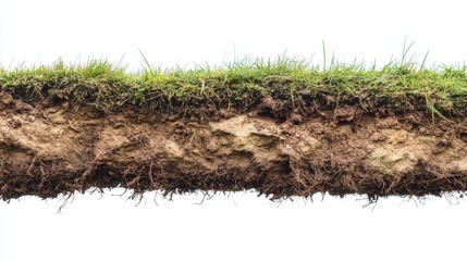 A slice through soil layers that includes roots and lush green grass at the top.