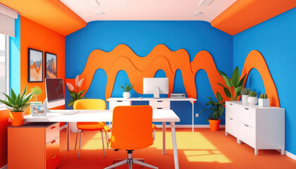 Bright colorful office space with vibrant orange, blue walls. Stylish workspace features white desk with orange chairs. Modern decor includes plants in various pots. Design trendy, inviting. Computer