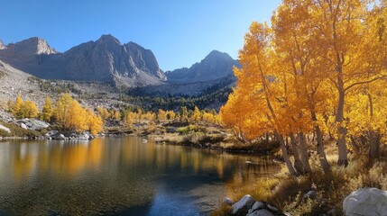 Autumn foliage reflected in tranquil lake surrounded by mountains and golden trees in a serene state park landscape.