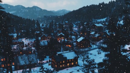 A picturesque winter village with snowy pine trees and houses brightly illuminated by light.