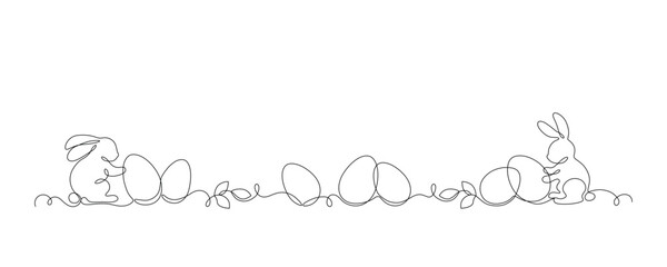 Easter bunnies and eggs drawn in continuous line in minimalism, happy Easter concept, greeting banner design, one line, editable vector outline