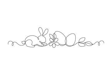 Obraz premium Easter Bunny and eggs drawn in continuous line in minimalism, happy Easter concept, greeting banner design, one line, editable vector contour