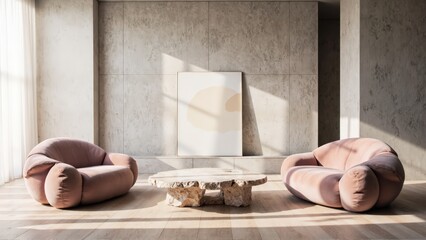Generative AI,Minimalist living room with blush sofas, travertine coffee table, and concrete walls in natural light.