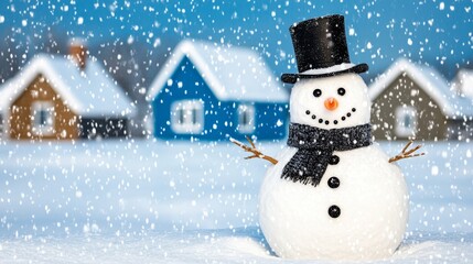 Naklejka premium In a winter wonderland blanketed in snow, a snowman is surrounded by charming, cozy cabins.