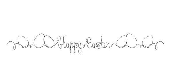 Happy Easter calligraphic hand lettering drawn in continuous line, handwritten text, design element for Easter holidays, greeting banner, one line, editable vector contour