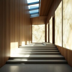 Sleek minimalist hallway with concrete steps and backlit alabaster panels wood concrete design wood design concrete architecture wall floor modern