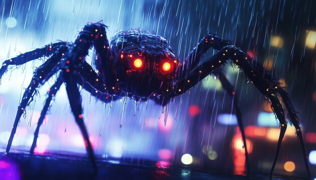Creepy Alien Spider Robot In Scary Cyberpunk Digital Art Featuring Post-Apocalyptic Setting With Rain And Silhouettes Of Futuristic Monsters.