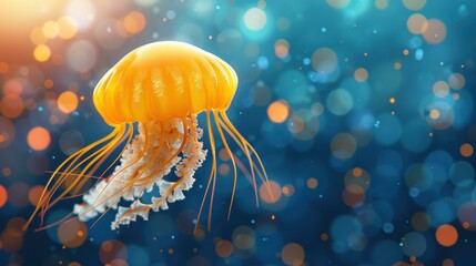 A luminescent yellow jellyfish drifts gracefully through blue waters, glowing under shimmering light.