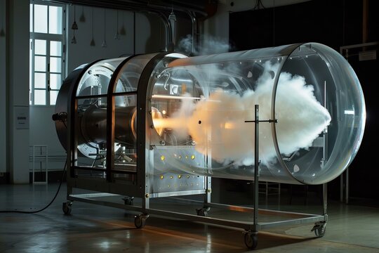 Powerful rocket engine undergoing rigorous testing on a specialized test bench, generating intense flames and a thick plume of smoke