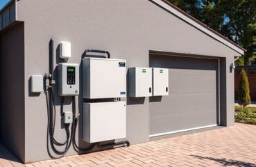 Modern home garage wall features eco-friendly electric energy storage system. Alternative energy source. Sustainable living concept with battery packs, solar panels, charging equipment. Future tech.