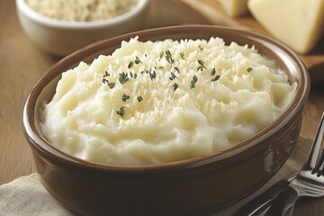 Enjoy a hearty potato gratin, creamy and cheesy, in the warmth of a rustic kitchen.