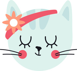 Adorable turquoise cat face with closed eyes, wearing a pink headband with an orange flower, showing whiskers and pink cheeks, perfect for children s designs