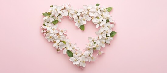 Floral heart-shaped arrangement of white apple tree blossoms on a soft pink background for festive seasonal greeting cards or decorations