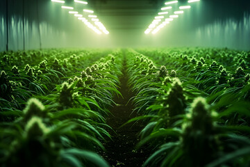 Indoor cannabis farm with rows of green plants under bright grow lights. Represents cultivation, agriculture, and the legal marijuana industry.