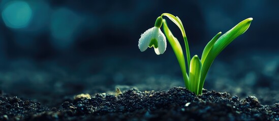 Delicate snowdrop flower emerging from dark soil symbolizing new beginnings and the arrival of spring in a tranquil environment.