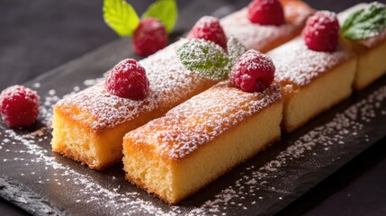 Delicious French financier pastries topped with raspberries and powdered sugar on a dark slate platter