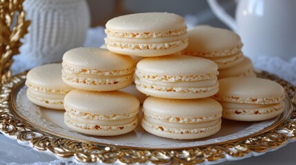 Delicate golden French macarons elegantly arranged on an ornate platter showcasing their smooth texture and inviting appearance