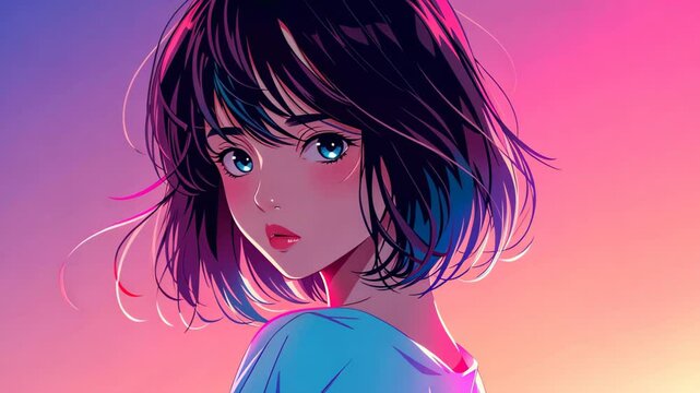 Stunning anime artwork of a shy and emotional girl in tears, set against a gradient color background.