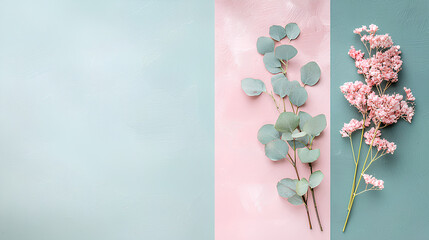 Pink and green flower arrangement is displayed on a blue background