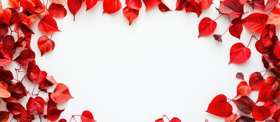 Red autumn leaves framing a white background creating a seasonal, natural border for invitations, fall themed designs and creative projects.