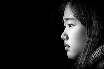 Fototapeta premium In a moody black and white setting, a young Caucasian woman is the subject, bathed in soft light.