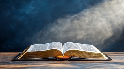 A mystical book shimmers with ethereal light in the midst of swirling mist, casting its glow in a dark setting.