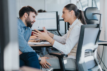 Two employees engage in a focused discussion at a modern office. They appear to be discussing business matters, highlighting teamwork and collaboration in a professional setting.