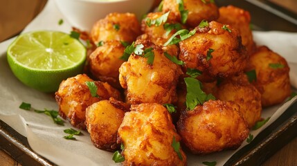 Crispy fried potato bites served with lime and dipping sauce on a rustic tray garnished with fresh herbs