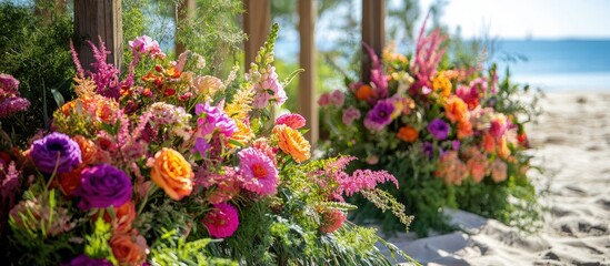 vibrant floral arrangements by the beach showcasing colorful blooms in a serene seaside park setting with ocean view