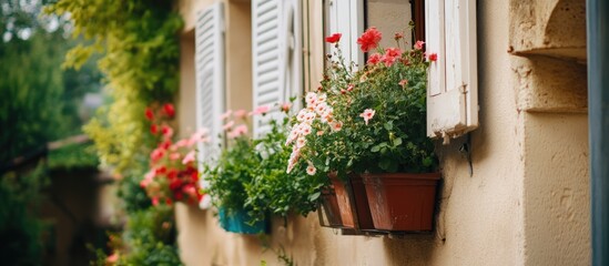 Fototapeta premium Charming village house with colorful flower boxes beneath white shutters enhancing the picturesque street view.