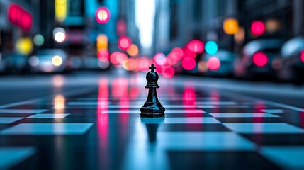 Dramatic play of light underscores the black king piece on the chessboard