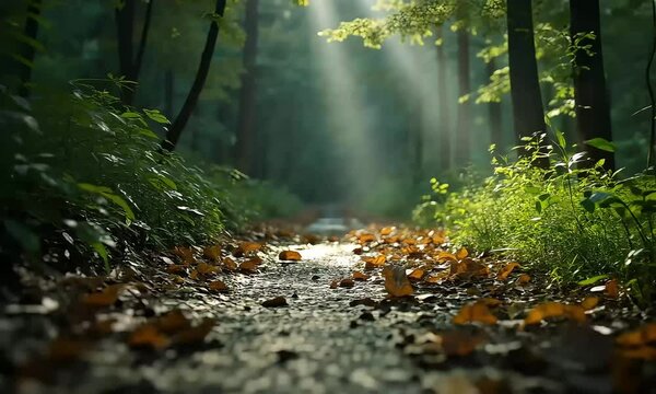 video of a forest path illuminated by soft, dappled sunlight filtering through the trees