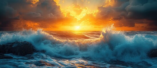 Fototapeta premium Sunset over the ocean with crashing waves against rocky shore highlighting dramatic sea landscape and vibrant sky colors