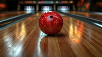 Red Bowling Ball on a Polished Wooden Lane