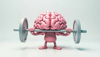 Pink brain character performing weightlifting symbolizes mental strength and the concept of training intelligence. Perfect for education, creativity, and cognitive-related topics.