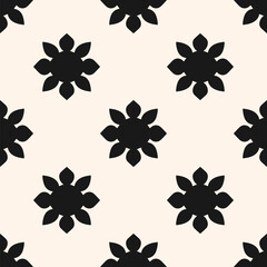 Vector seamless pattern in retro vintage style. Simple black and white geometric floral ornament. Abstract monochrome background texture with bold flower silhouettes, sun. Repeated stylish geo design