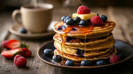 Stack of Pancakes with Berries, Butter, and Maple Syrup
