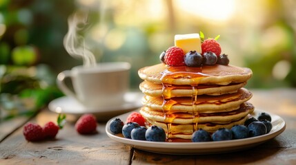 Stack of Pancakes with Berries, Butter, and Maple Syrup