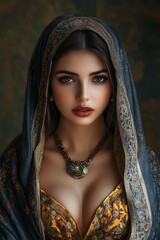 Middle Eastern woman in an elegant outfit with a dramatic neckline