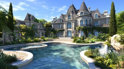 French Chateau Estate: Luxurious Mansion with Serene Pool and Landscaped Gardens