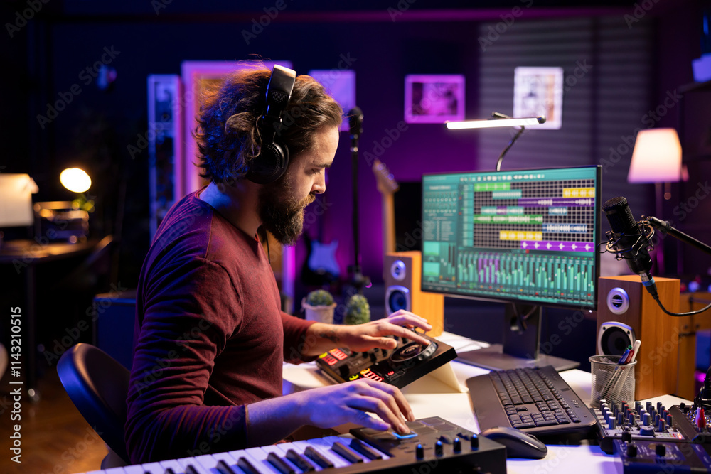Poster sound engineer editing soundtracks and adjusting volume levels with daw software interface, working 