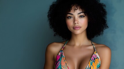 Mixed-race woman in a playful colorful dress with a deep neckline