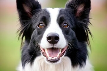 Fototapeta premium A happy black and white border collie dog frolics in the park, the surrounding area subtly out of focus.