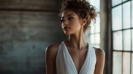 Fototapeta premium Woman in an elegant dress with a small stand-up