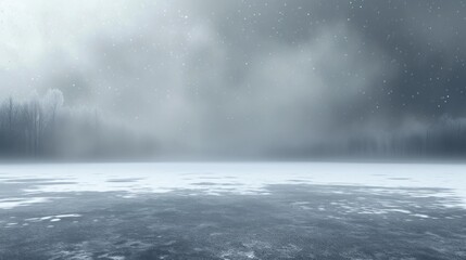 A snow-covered lake surrounded by frosty trees under a cloudy, snow-filled sky, offering a serene and peaceful winter landscape. AI generated.
