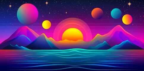Obraz premium A dreamlike cosmic vista filled with radiant planets and neon-hued mountain ranges