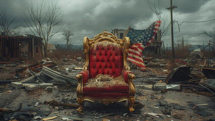 Abandoned Throne with Torn American Flag in Desolate Ruins