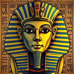Ancient Egyptian pharaohs mask illustration. Gold, blue colors. Hieroglyphics. Powerful, wise king. Royal heritage. Egyptian art treasure. Mythological ancient civilization history. Mysterious art