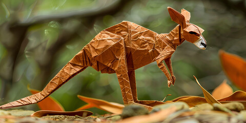 Fototapeta premium Origami kangaroo in a natural forest setting, Close-up of a brown paper kangaroo sculpture in nature 