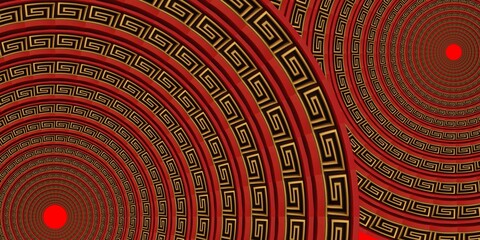 Background Chaines New Year Vibrant Red Concentric Circles with Intricate Greek Pattercn Design